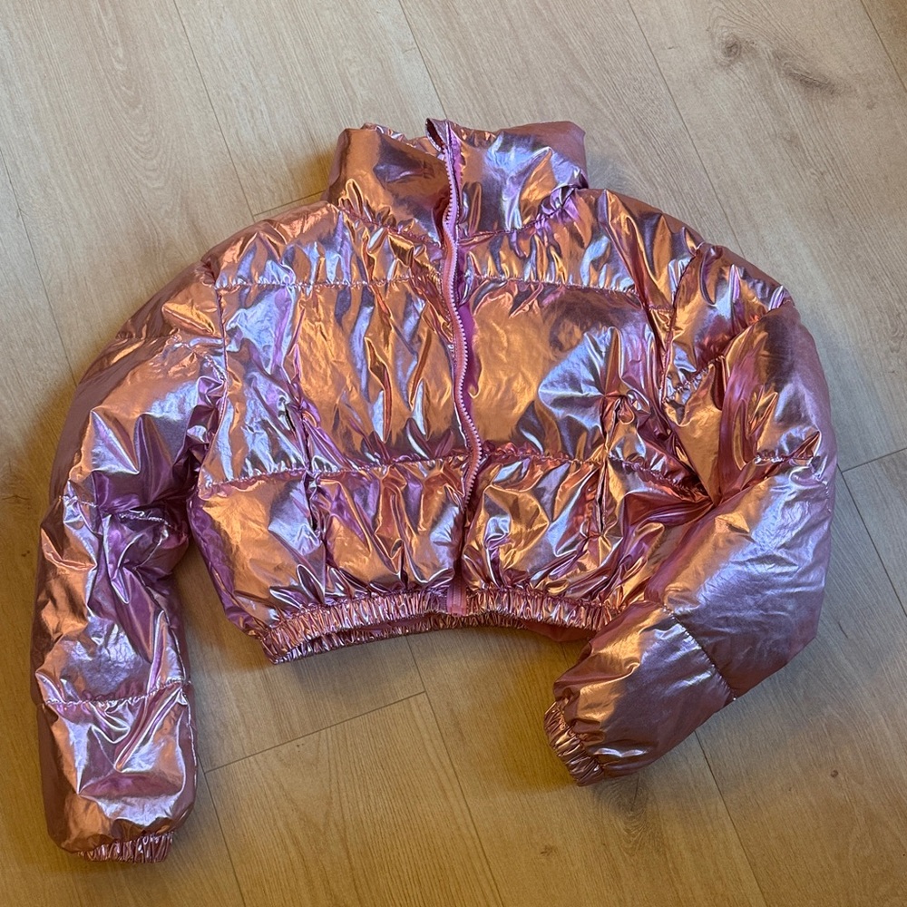 SHEIN Pink Metallic Kids Puffer Jacket
